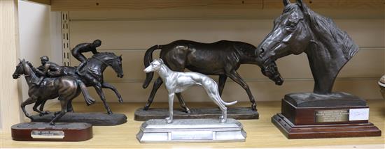 Four resin bronzes of racehorses and a greyhound